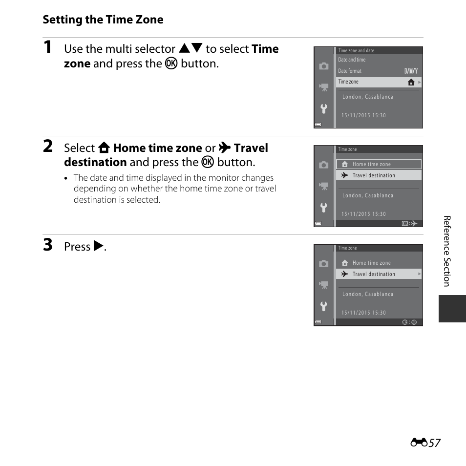 Setting the time zone, Press k | Nikon Coolpix L31 User Manual | Page 107 / 147