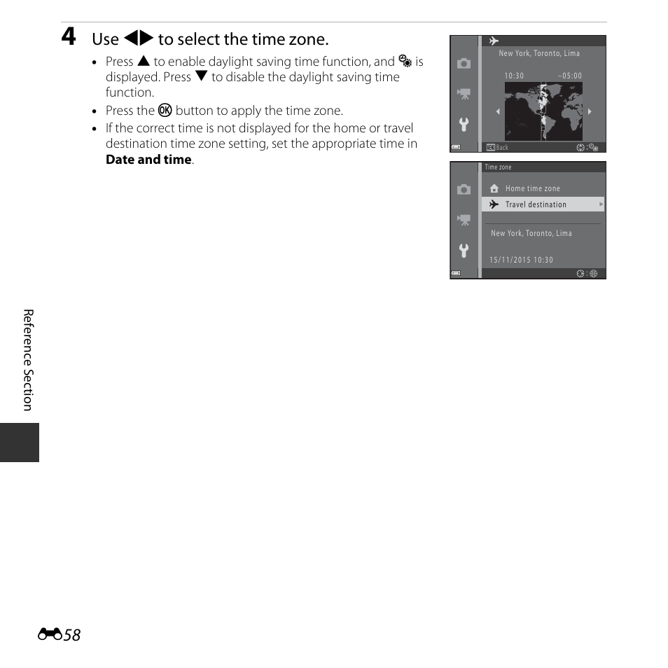 Use jk to select the time zone | Nikon Coolpix L31 User Manual | Page 108 / 147