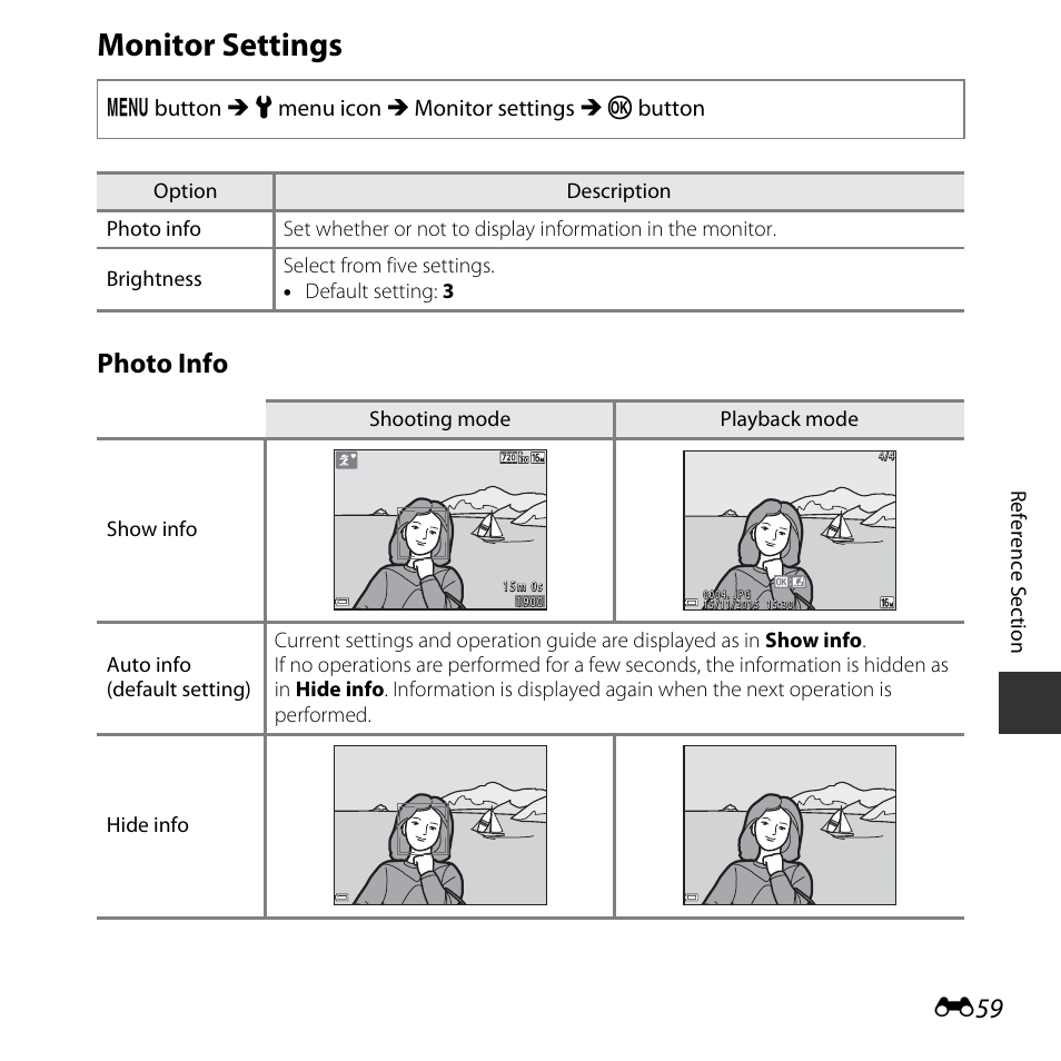 Monitor settings, Photo info | Nikon Coolpix L31 User Manual | Page 109 / 147