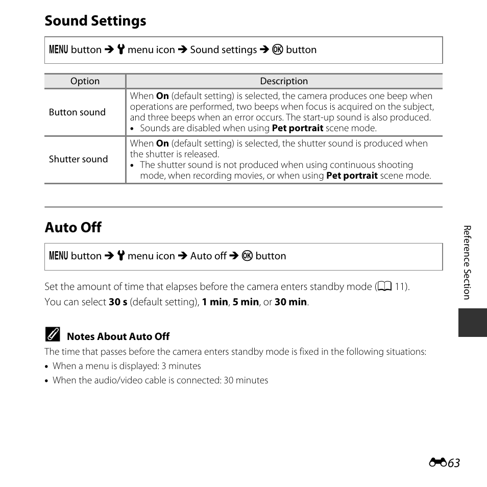 Sound settings, Auto off, E63) | Sound settings auto off | Nikon Coolpix L31 User Manual | Page 113 / 147