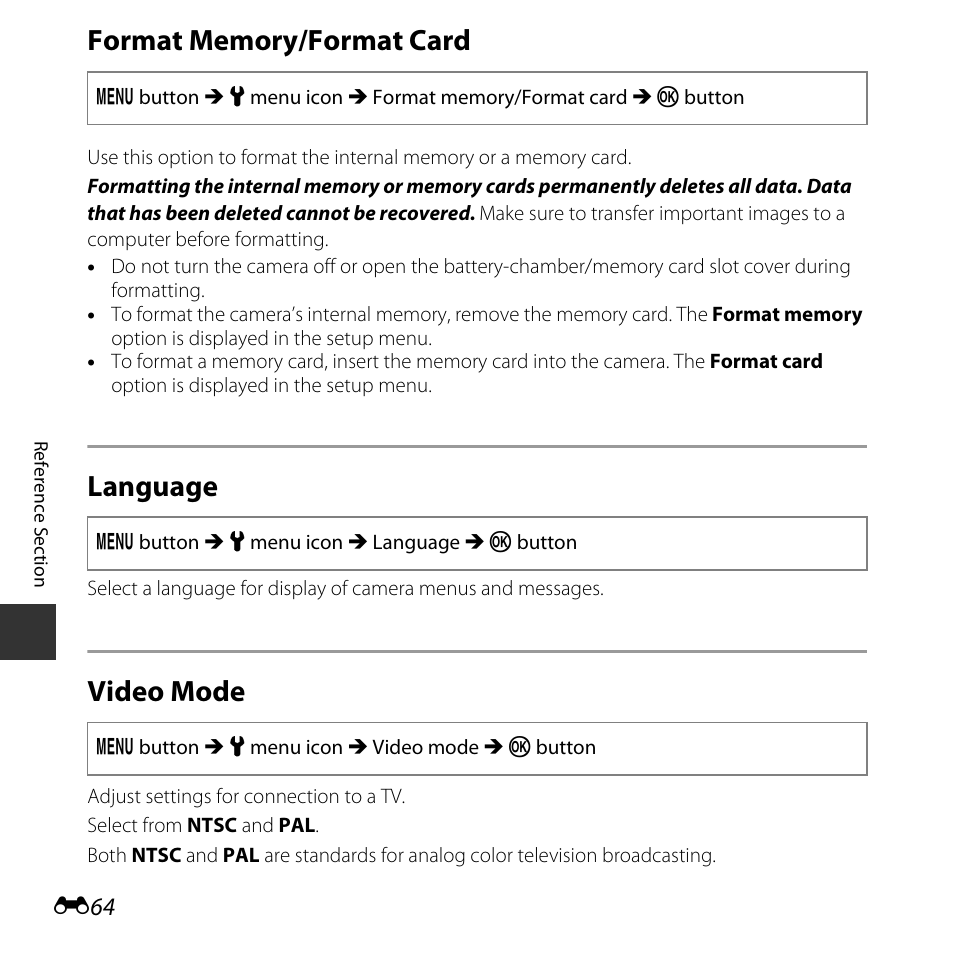 Format memory/format card, Language, Video mode | Nikon Coolpix L31 User Manual | Page 114 / 147