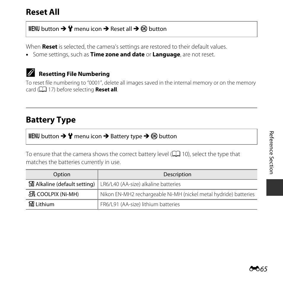 Reset all, Battery type | Nikon Coolpix L31 User Manual | Page 115 / 147