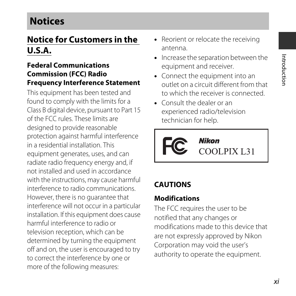 Notices, Notice for customers in the u.s.a | Nikon Coolpix L31 User Manual | Page 13 / 147