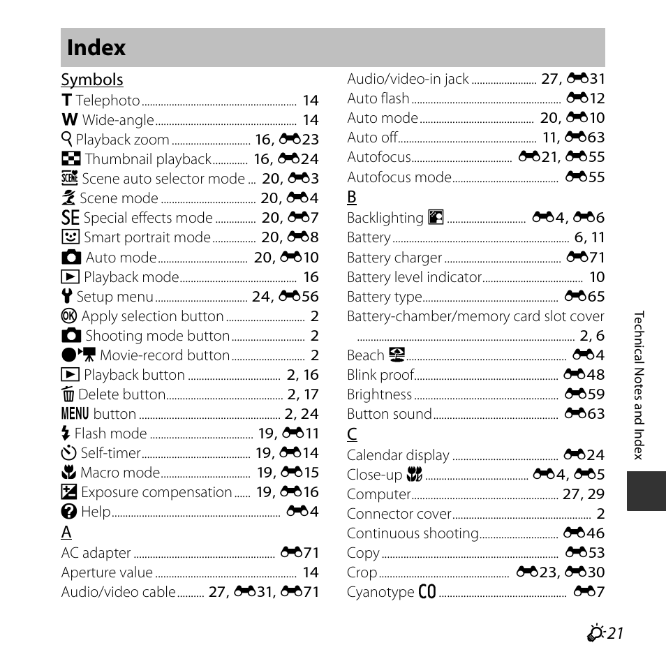 Index, F 21 | Nikon Coolpix L31 User Manual | Page 143 / 147