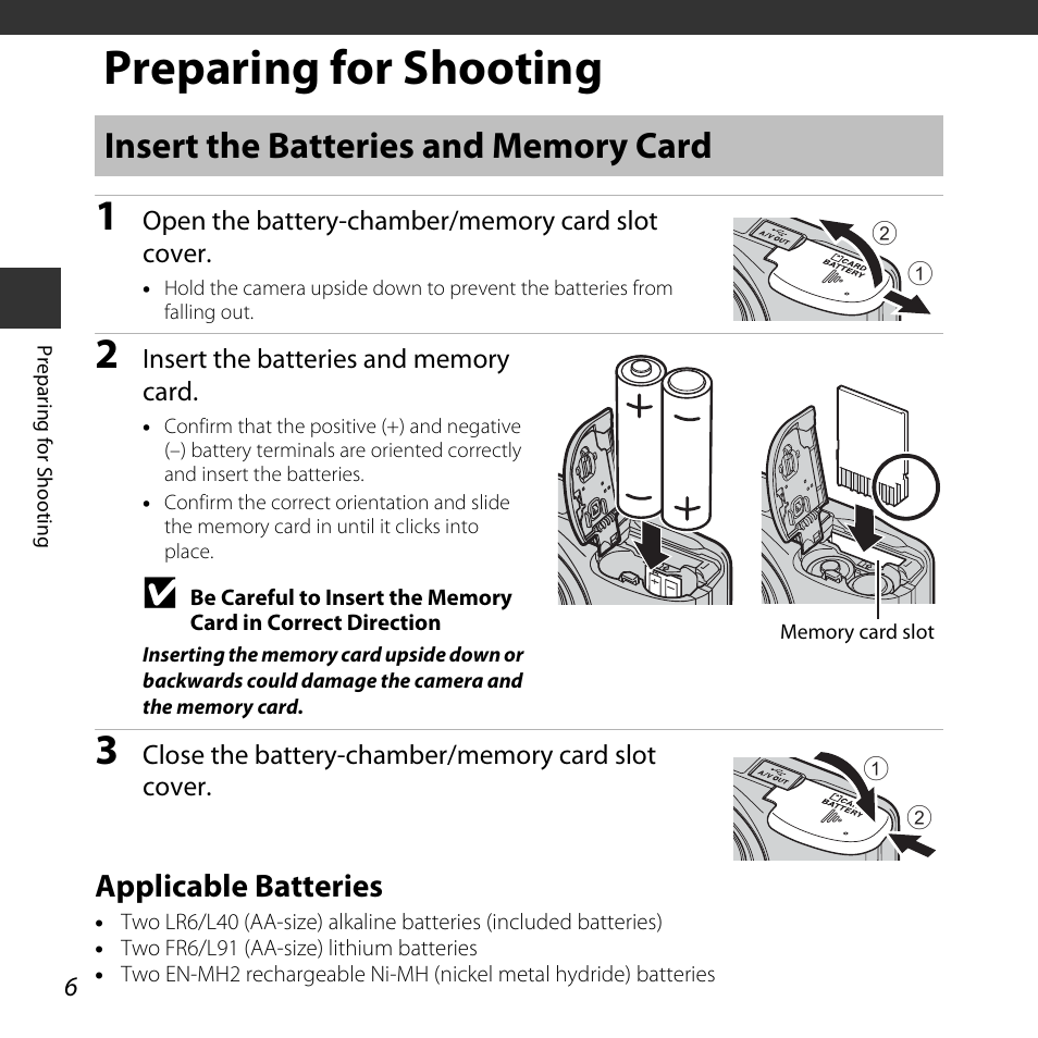 Preparing for shooting, Insert the batteries and memory card, Applicable batteries | A 6) a | Nikon Coolpix L31 User Manual | Page 24 / 147