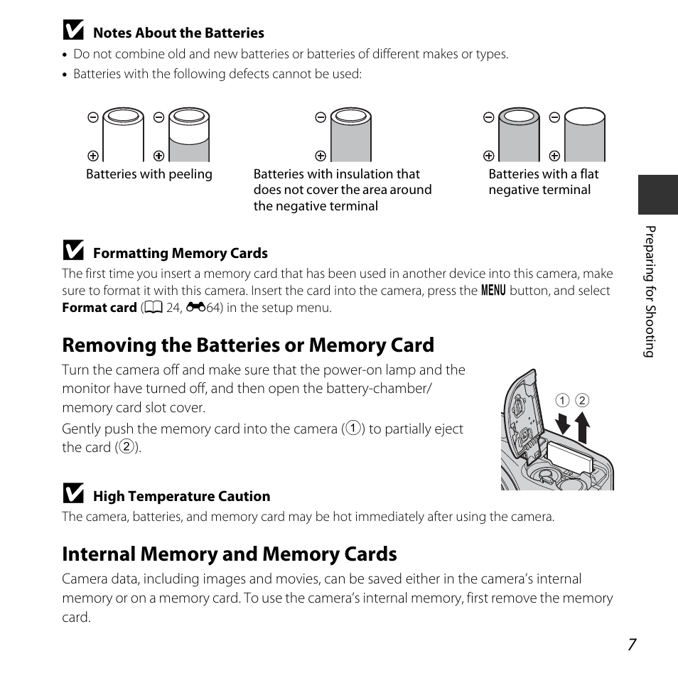 Removing the batteries or memory card, Internal memory and memory cards | Nikon Coolpix L31 User Manual | Page 25 / 147