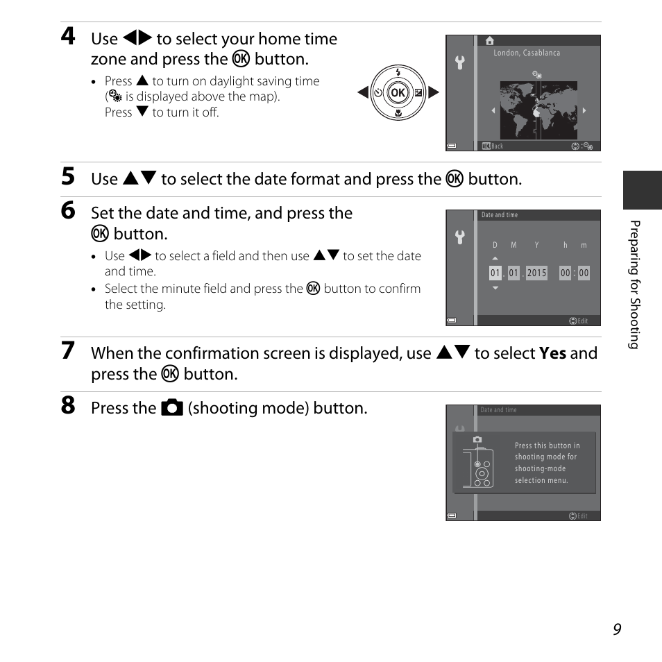 Set the date and time, and press the k button, Press the a (shooting mode) button | Nikon Coolpix L31 User Manual | Page 27 / 147