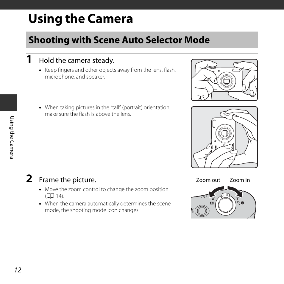 Using the camera, Shooting with scene auto selector mode, A 12) | Nikon Coolpix L31 User Manual | Page 30 / 147