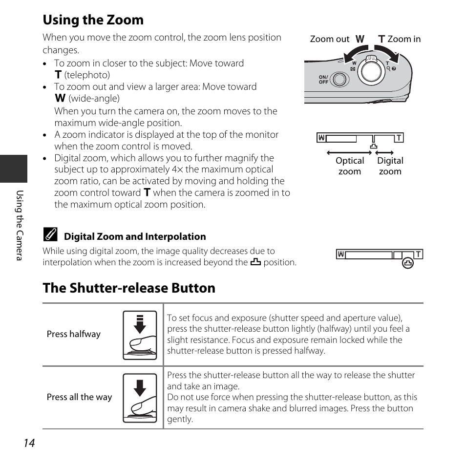 Using the zoom, The shutter-release button, Using the zoom the shutter-release button | A 14) | Nikon Coolpix L31 User Manual | Page 32 / 147