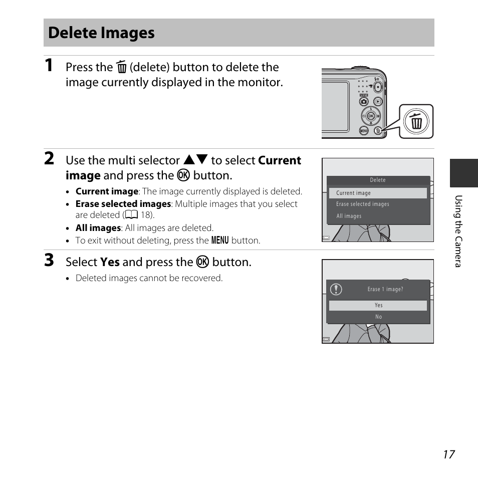 Delete images, Select yes and press the k button | Nikon Coolpix L31 User Manual | Page 35 / 147