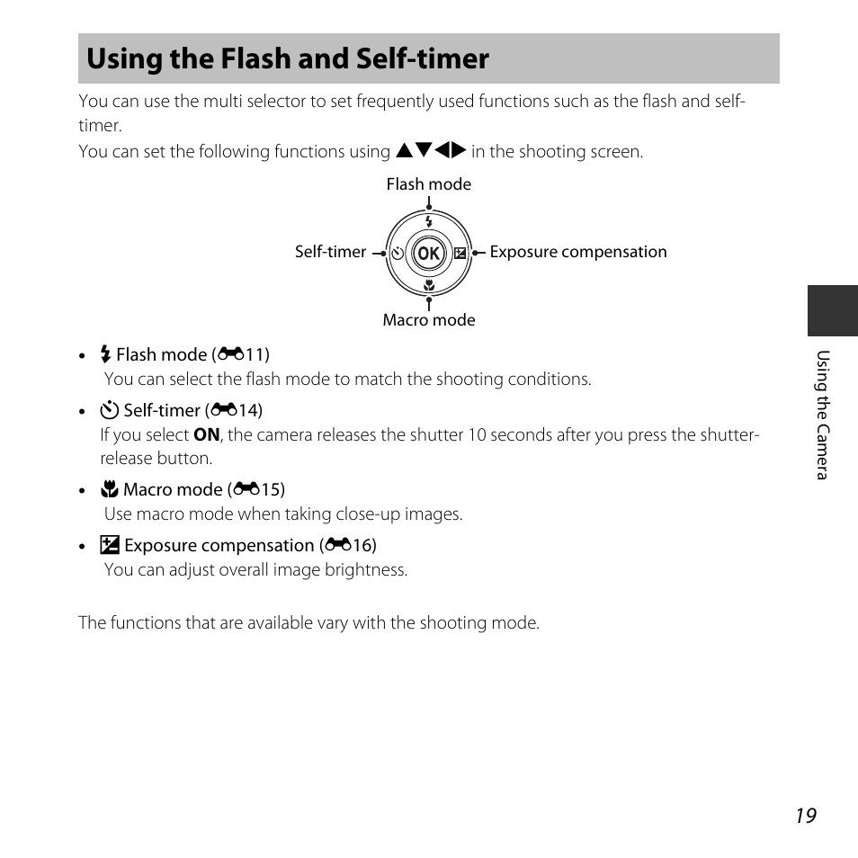 Using the flash and self-timer | Nikon Coolpix L31 User Manual | Page 37 / 147
