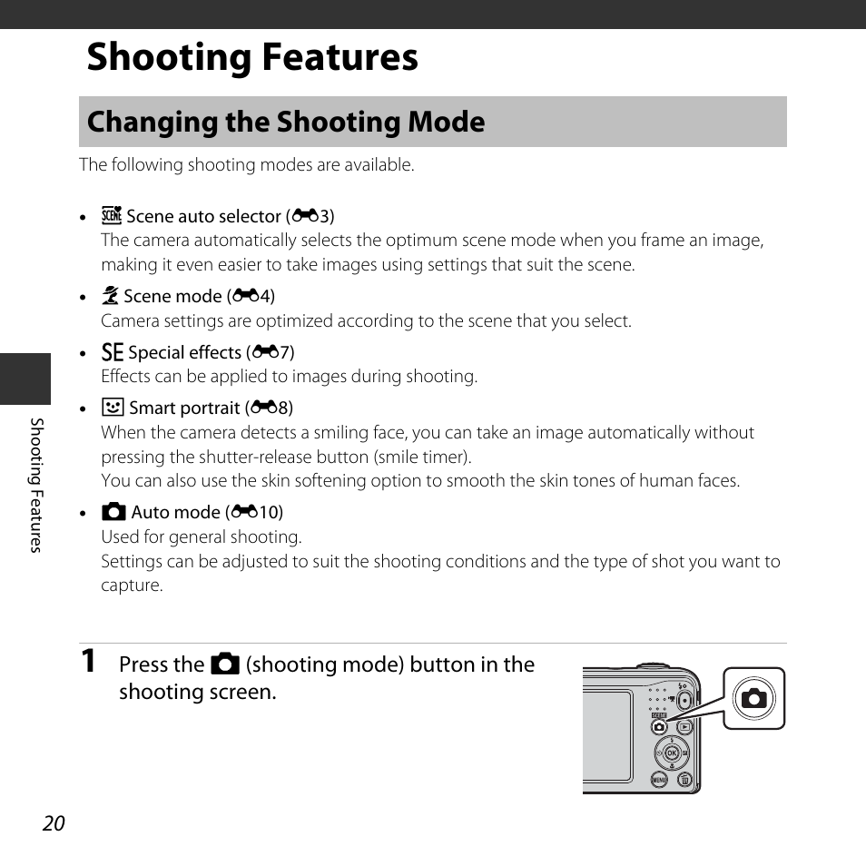 Shooting features, Changing the shooting mode | Nikon Coolpix L31 User Manual | Page 38 / 147