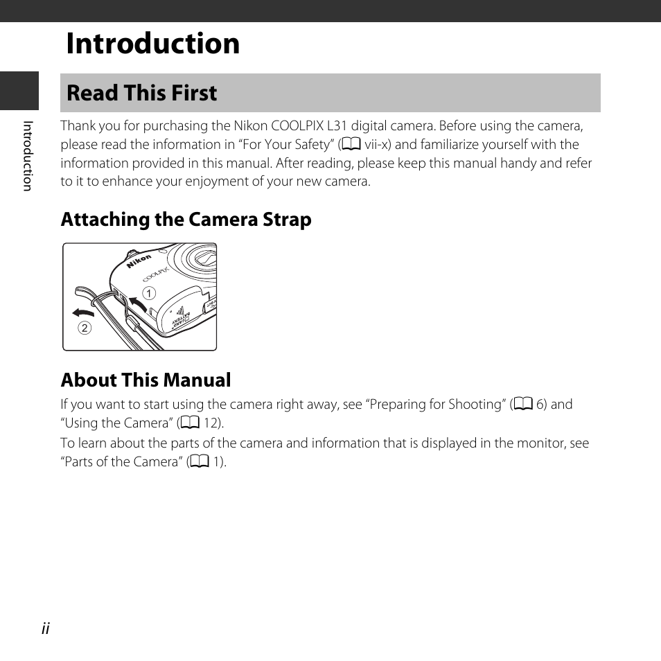 Introduction, Read this first, Attaching the camera strap | About this manual, Attaching the camera strap about this manual | Nikon Coolpix L31 User Manual | Page 4 / 147
