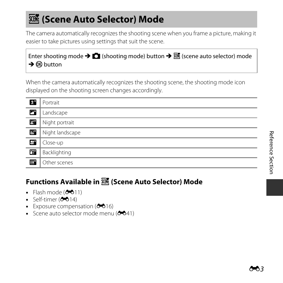 Scene auto selector mode, X (scene auto selector) mode.............. e3, X (scene auto selector) mode | Nikon Coolpix L31 User Manual | Page 53 / 147