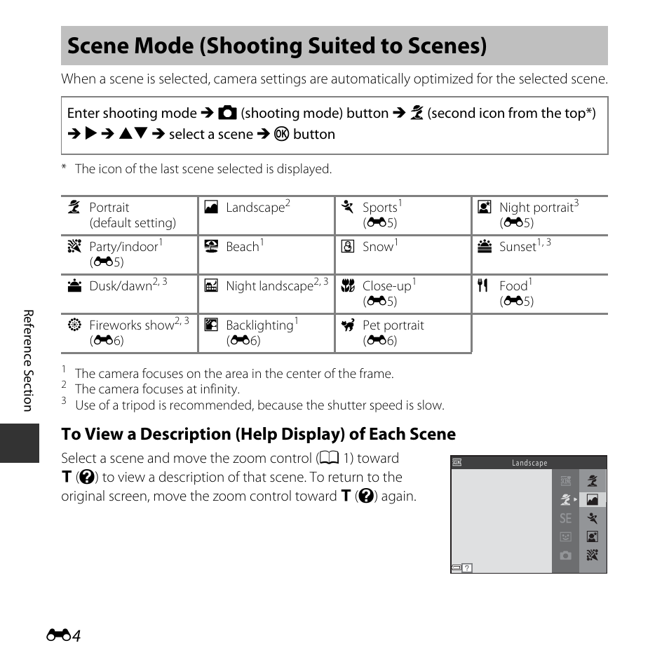 Scene mode (shooting suited to scenes) | Nikon Coolpix L31 User Manual | Page 54 / 147