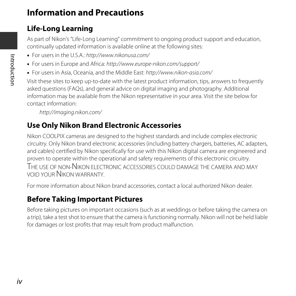 Information and precautions | Nikon Coolpix L31 User Manual | Page 6 / 147
