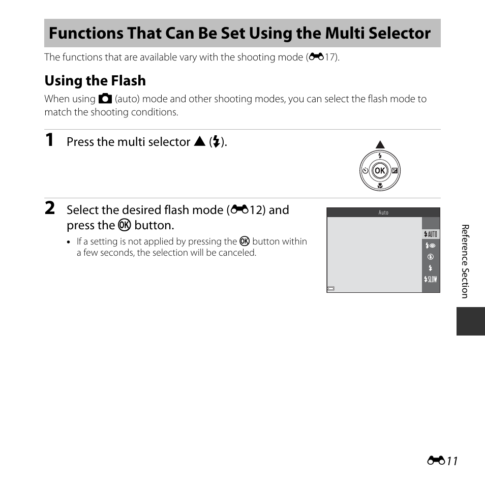 Functions that can be set using the multi selector, Using the flash, E11) | Nikon Coolpix L31 User Manual | Page 61 / 147