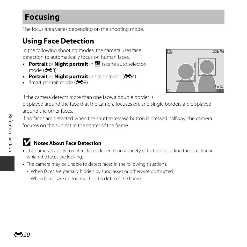 Focusing, Using face detection | Nikon Coolpix L31 User Manual | Page 70 / 147
