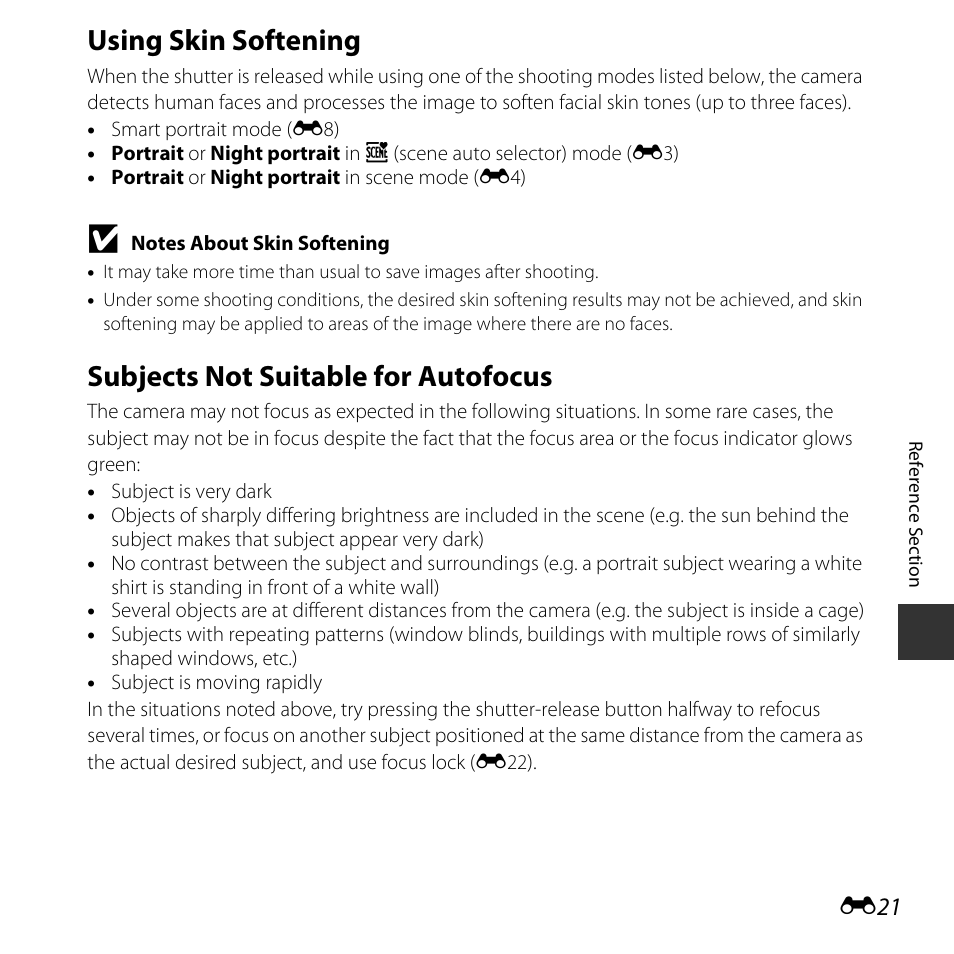Using skin softening, Subjects not suitable for autofocus | Nikon Coolpix L31 User Manual | Page 71 / 147