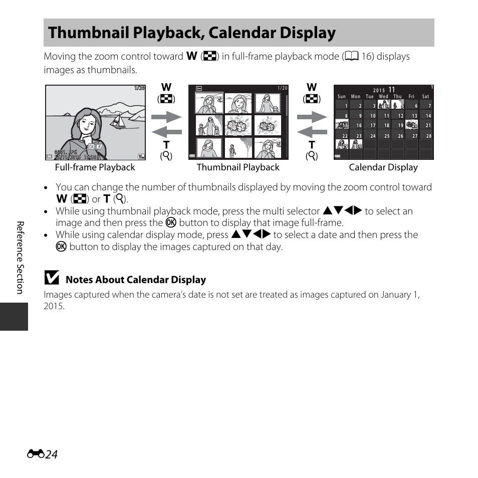 Thumbnail playback, calendar display, E24), Re fe ren ce s e ct io n | Nikon Coolpix L31 User Manual | Page 74 / 147