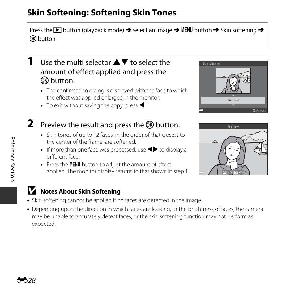 Skin softening: softening skin tones, Preview the result and press the k button | Nikon Coolpix L31 User Manual | Page 78 / 147