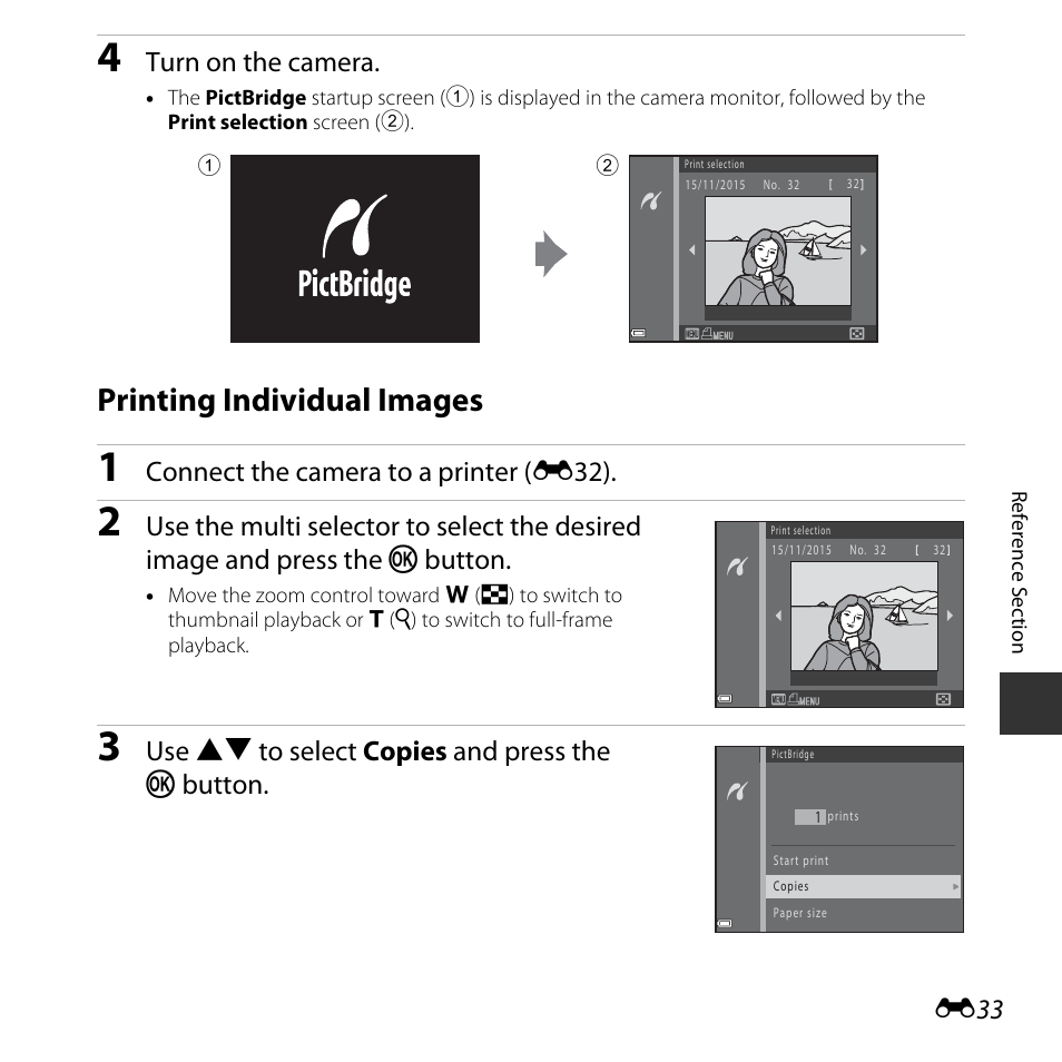 Printing individual images, Turn on the camera, Connect the camera to a printer ( e32) | Use hi to select copies and press the k button | Nikon Coolpix L31 User Manual | Page 83 / 147