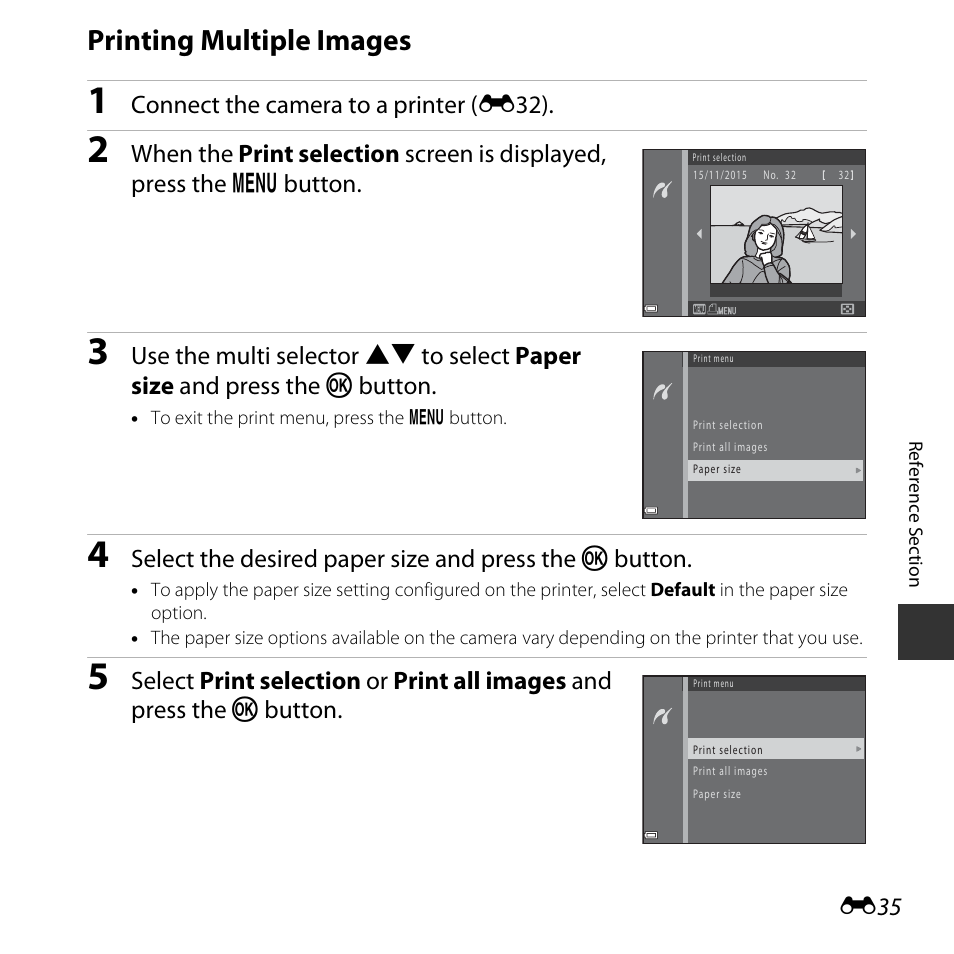 Printing multiple images, Connect the camera to a printer ( e32) | Nikon Coolpix L31 User Manual | Page 85 / 147