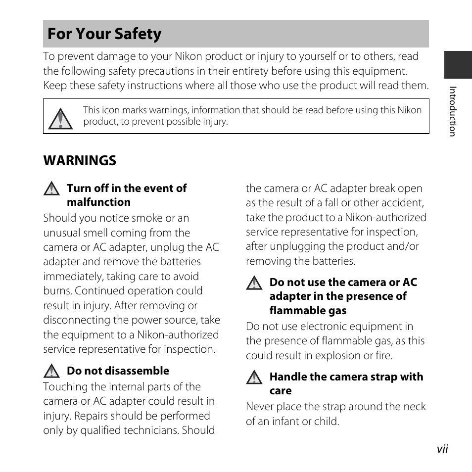 For your safety, Warnings, In “for your safety | A vii | Nikon Coolpix L31 User Manual | Page 9 / 147