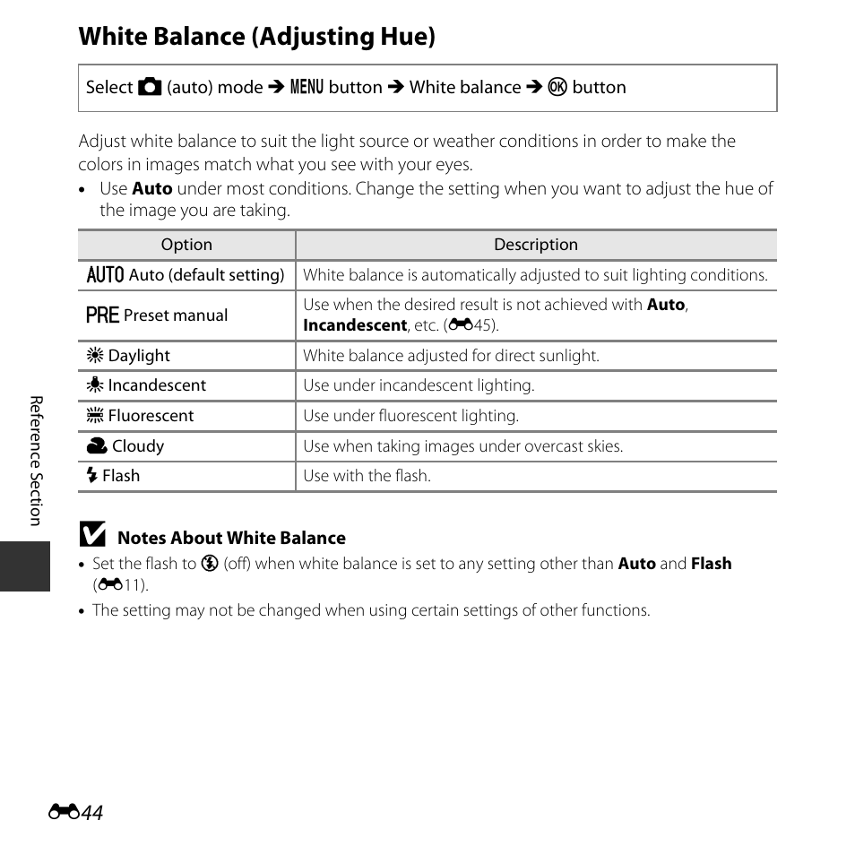 White balance (adjusting hue), E44) | Nikon Coolpix L31 User Manual | Page 94 / 147