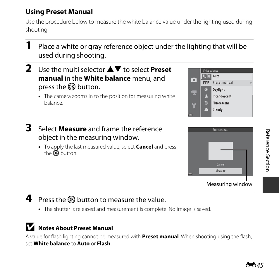 Using preset manual, Press the k button to measure the value | Nikon Coolpix L31 User Manual | Page 95 / 147