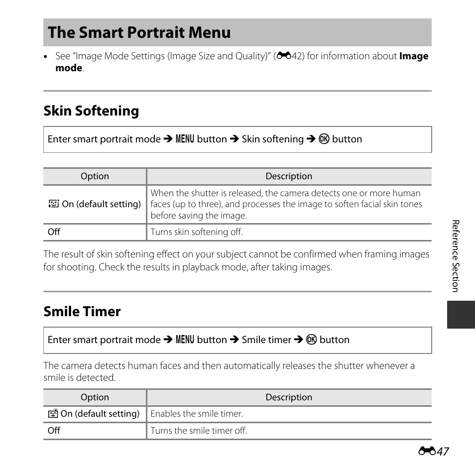 The smart portrait menu, Skin softening, Smile timer | E47) | Nikon Coolpix L31 User Manual | Page 97 / 147