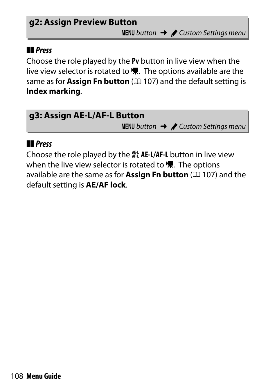 G2: assign preview button, G3: assign ae-l/af-l button | Nikon D7200 body User Manual | Page 108 / 202