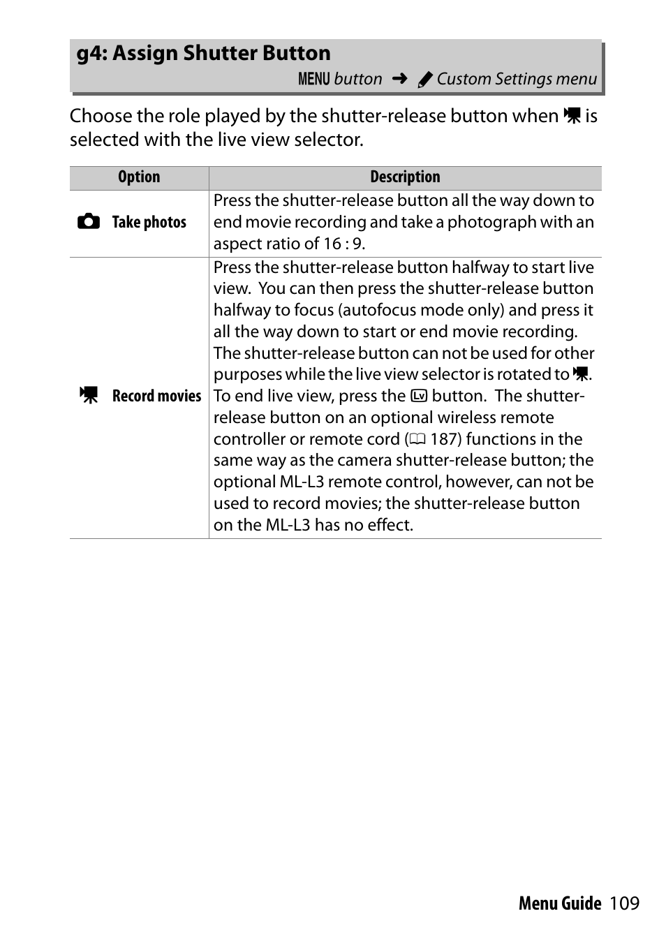G4: assign shutter button | Nikon D7200 body User Manual | Page 109 / 202