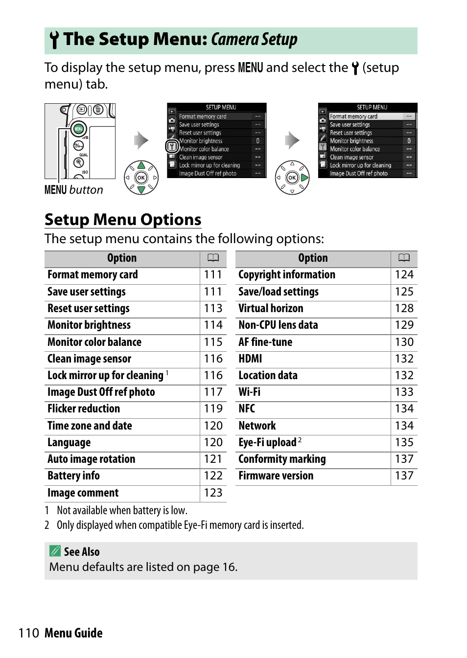 The setup menu: camera setup, Setup menu options, B the setup menu: camera setup | The setup menu contains the following options | Nikon D7200 body User Manual | Page 110 / 202