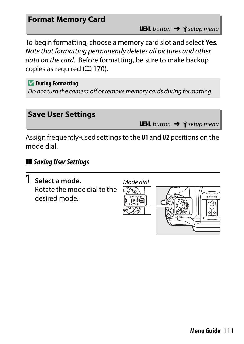 Format memory card, Save user settings | Nikon D7200 body User Manual | Page 111 / 202
