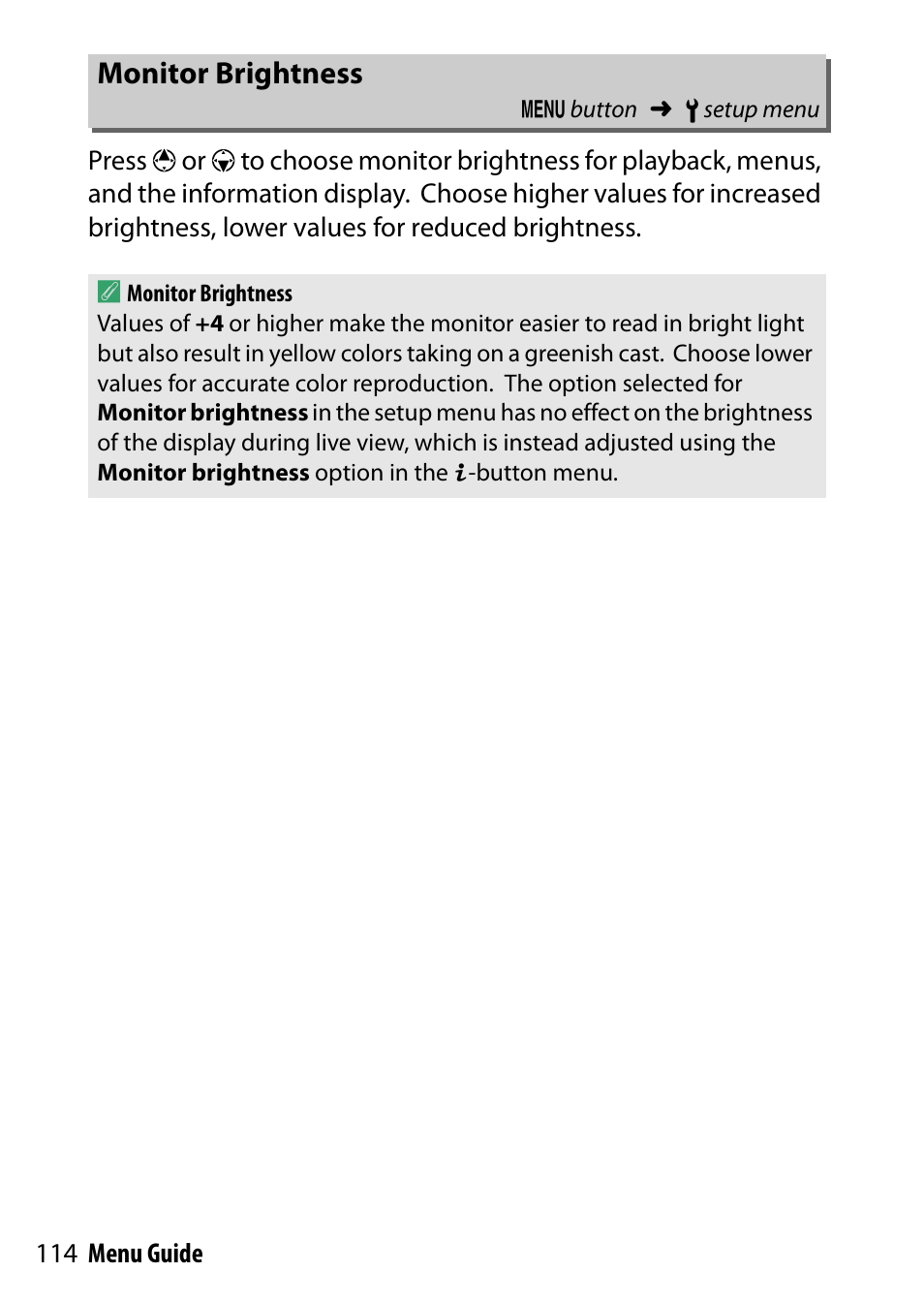 Monitor brightness, Onitor brightness | Nikon D7200 body User Manual | Page 114 / 202