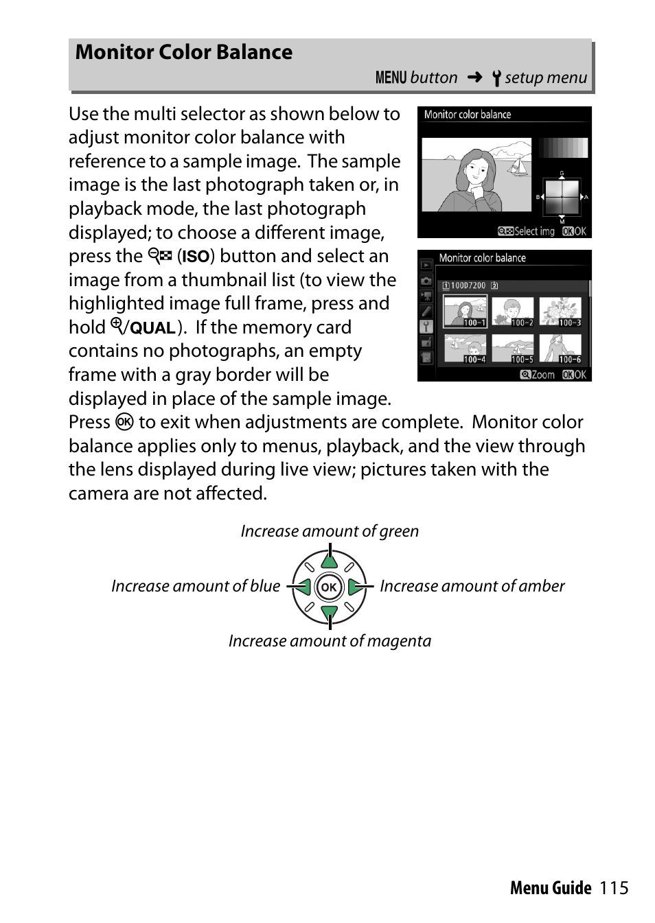 Monitor color balance | Nikon D7200 body User Manual | Page 115 / 202