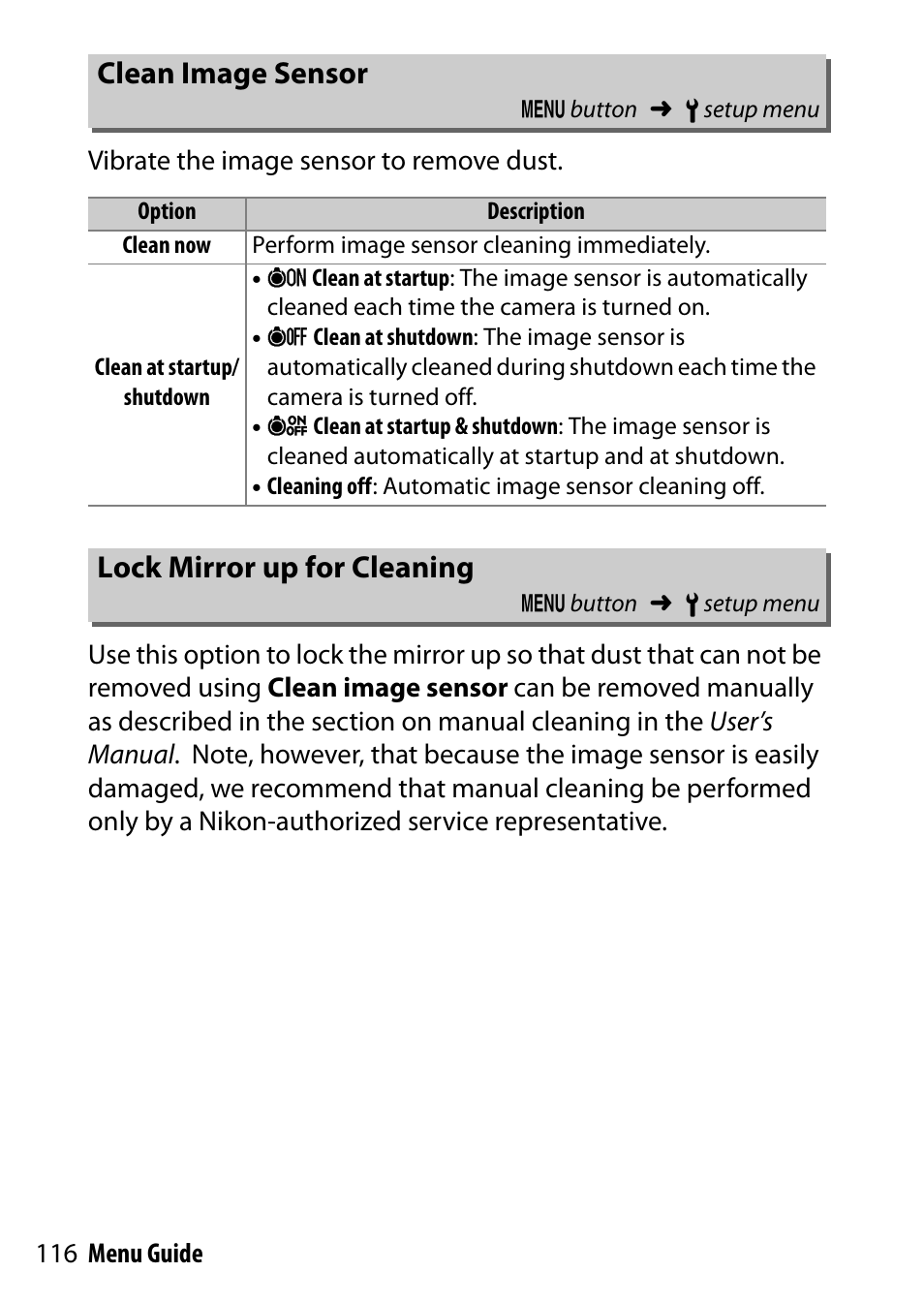 Clean image sensor, Lock mirror up for cleaning | Nikon D7200 body User Manual | Page 116 / 202