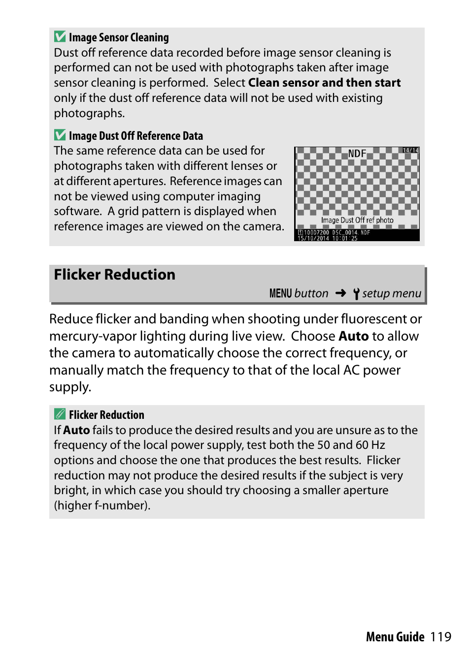 Flicker reduction | Nikon D7200 body User Manual | Page 119 / 202