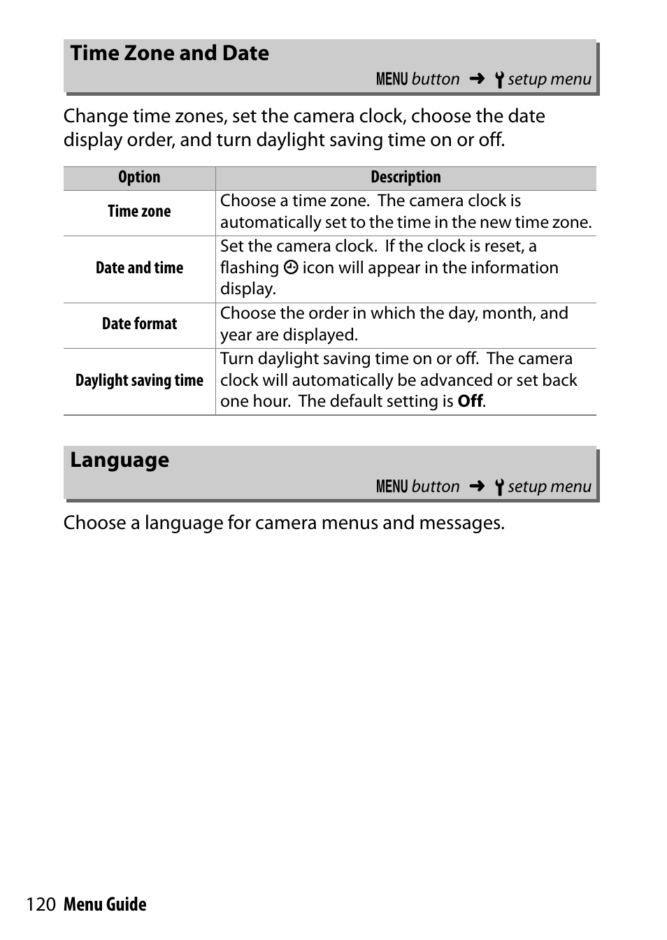 Time zone and date, Language | Nikon D7200 body User Manual | Page 120 / 202