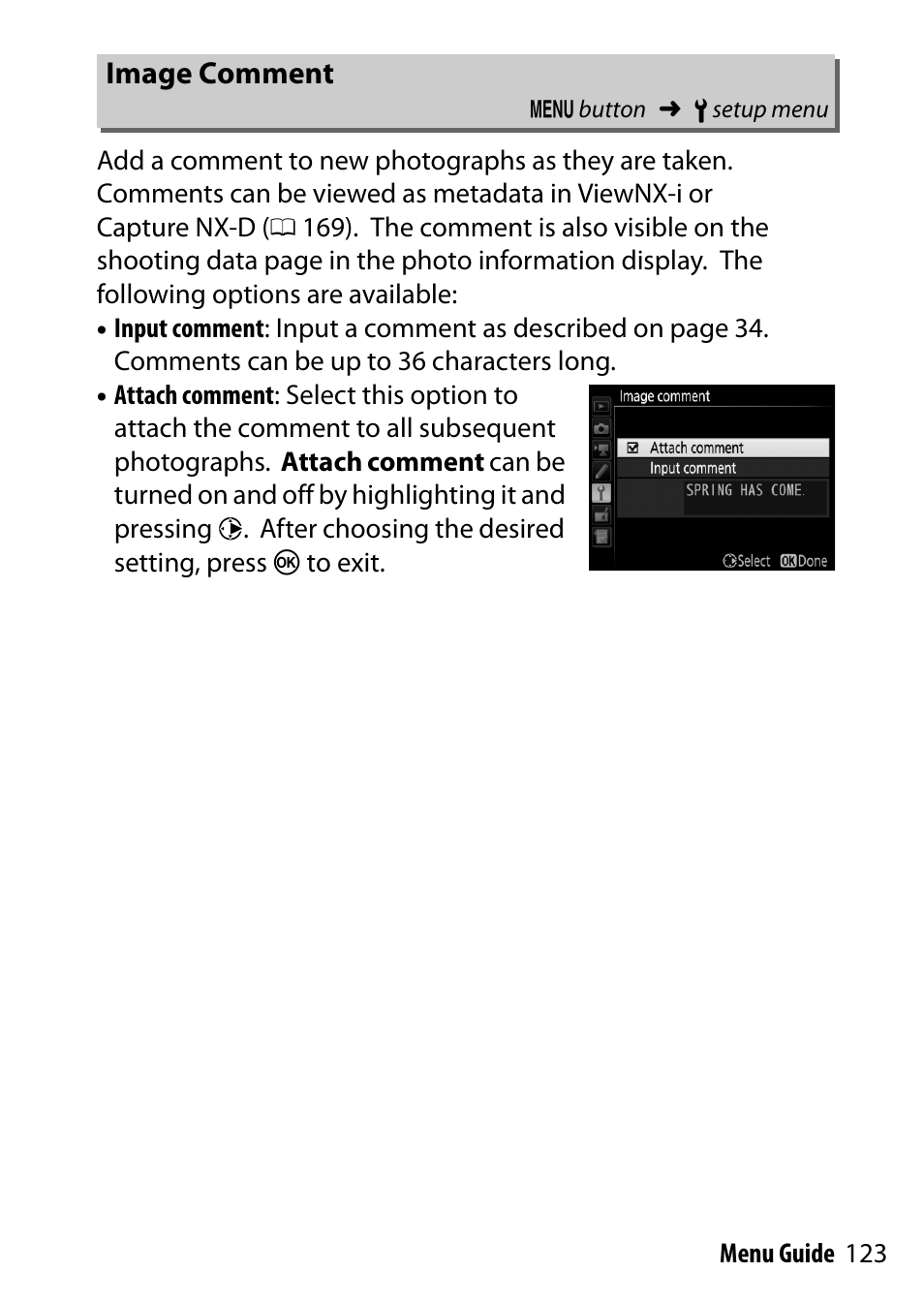 Image comment | Nikon D7200 body User Manual | Page 123 / 202