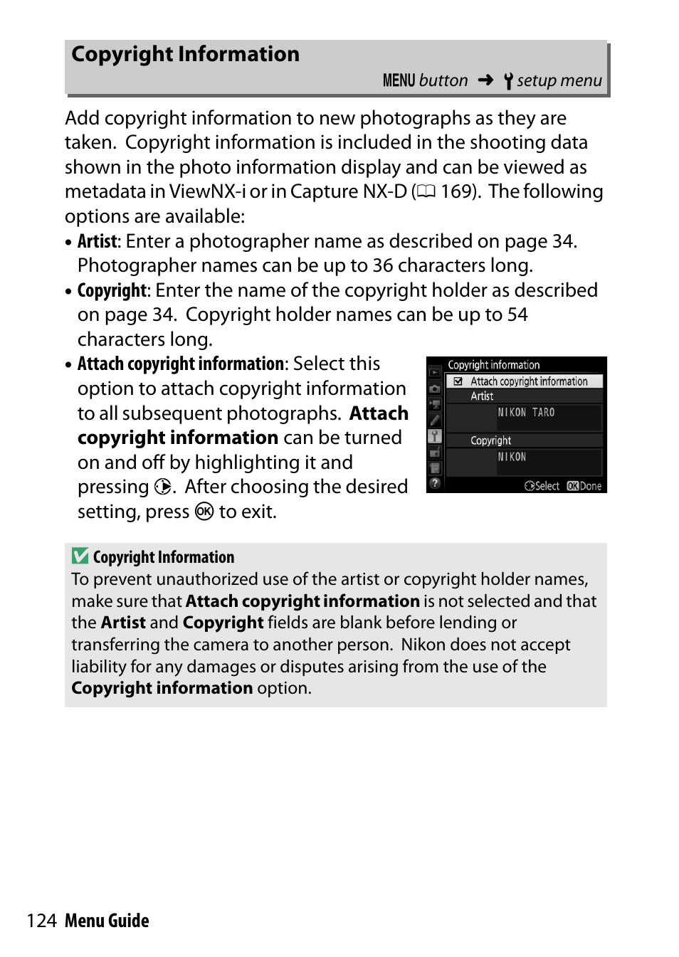 Copyright information | Nikon D7200 body User Manual | Page 124 / 202