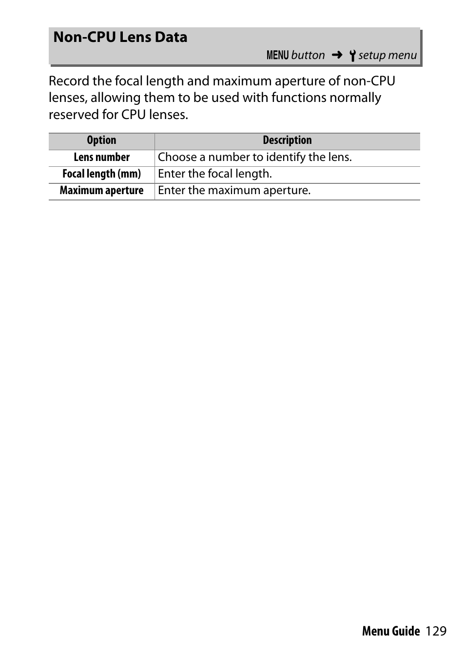 Non-cpu lens data | Nikon D7200 body User Manual | Page 129 / 202