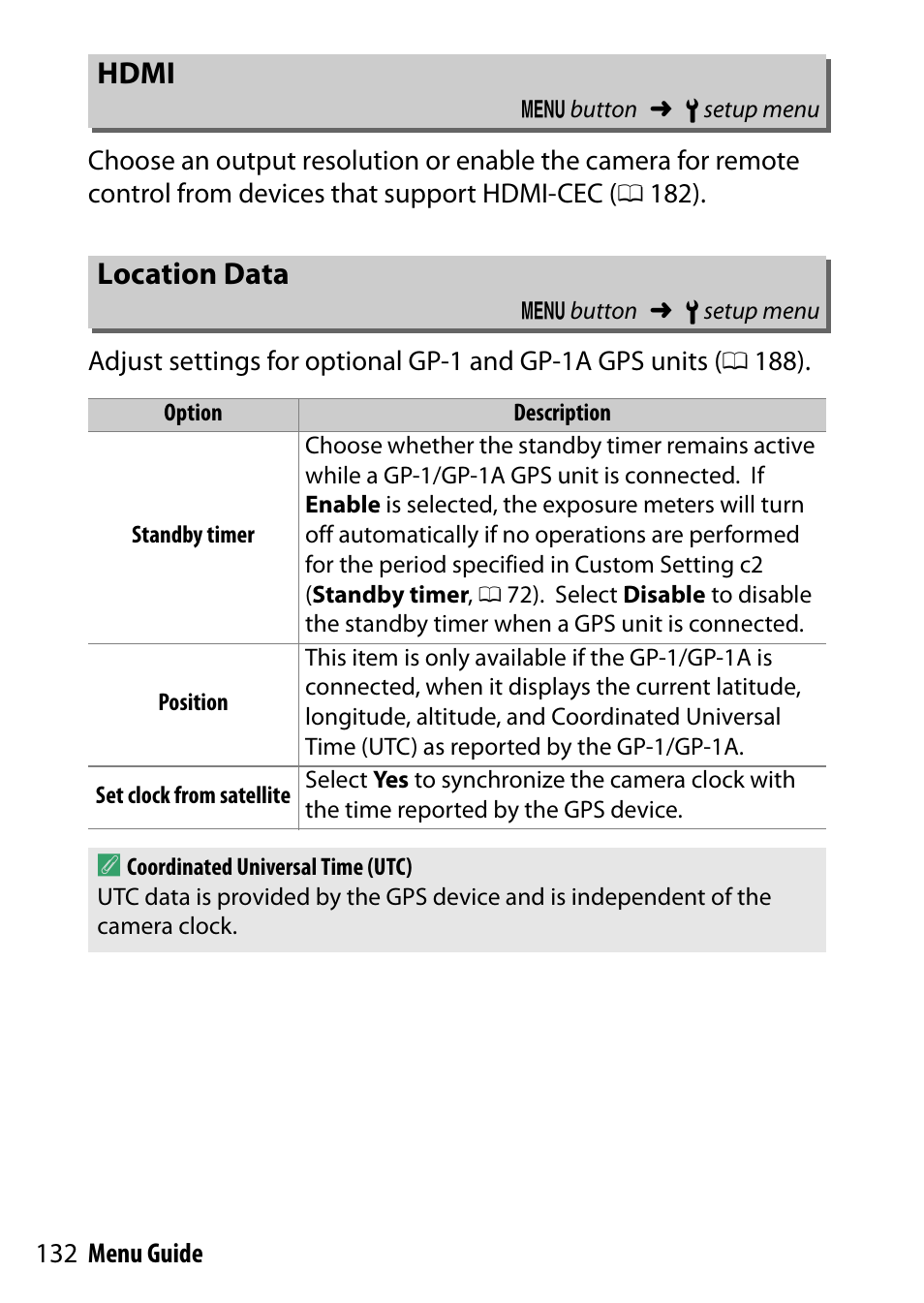 Hdmi, Location data | Nikon D7200 body User Manual | Page 132 / 202