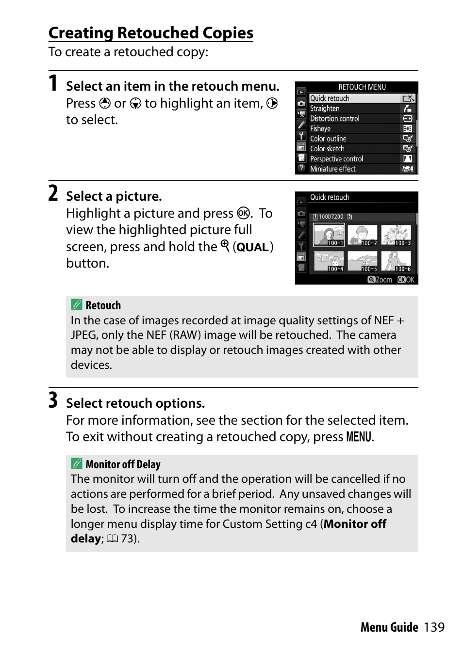 Creating retouched copies | Nikon D7200 body User Manual | Page 139 / 202