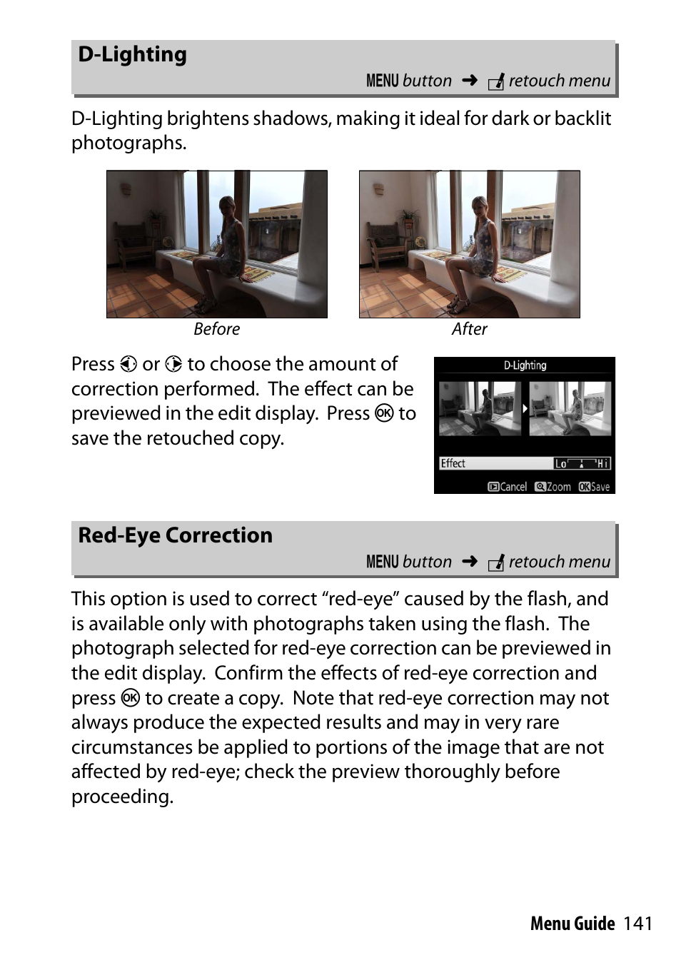 D-lighting, Red-eye correction | Nikon D7200 body User Manual | Page 141 / 202