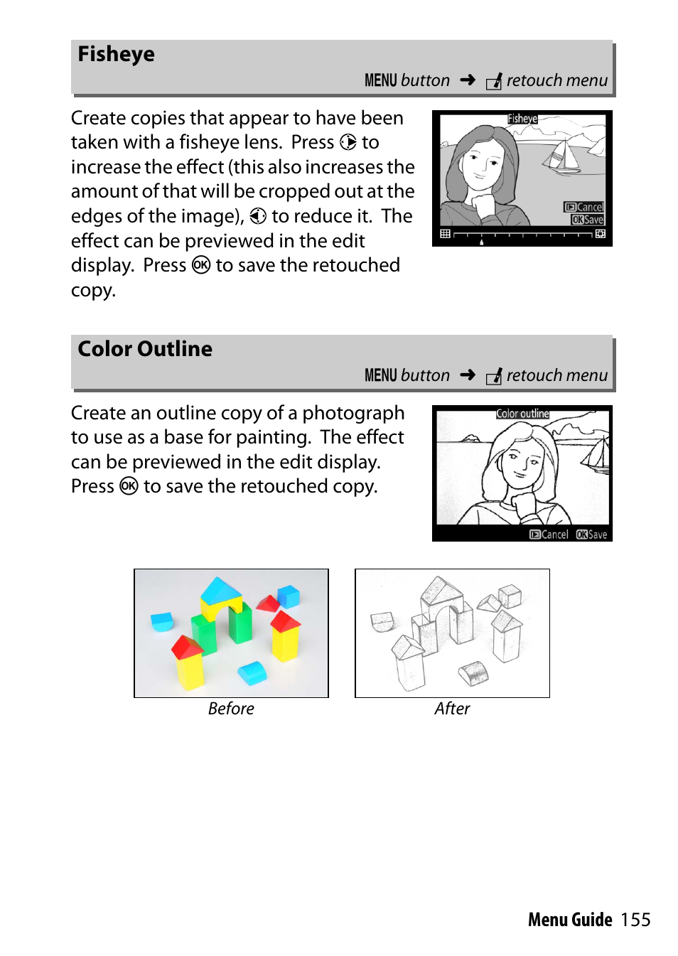 Fisheye, Color outline | Nikon D7200 body User Manual | Page 155 / 202