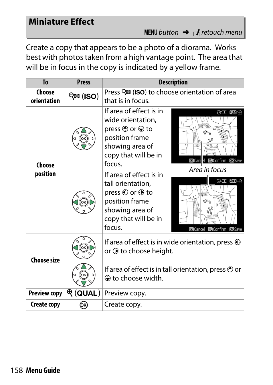 Miniature effect, W (s), X (t) | Nikon D7200 body User Manual | Page 158 / 202