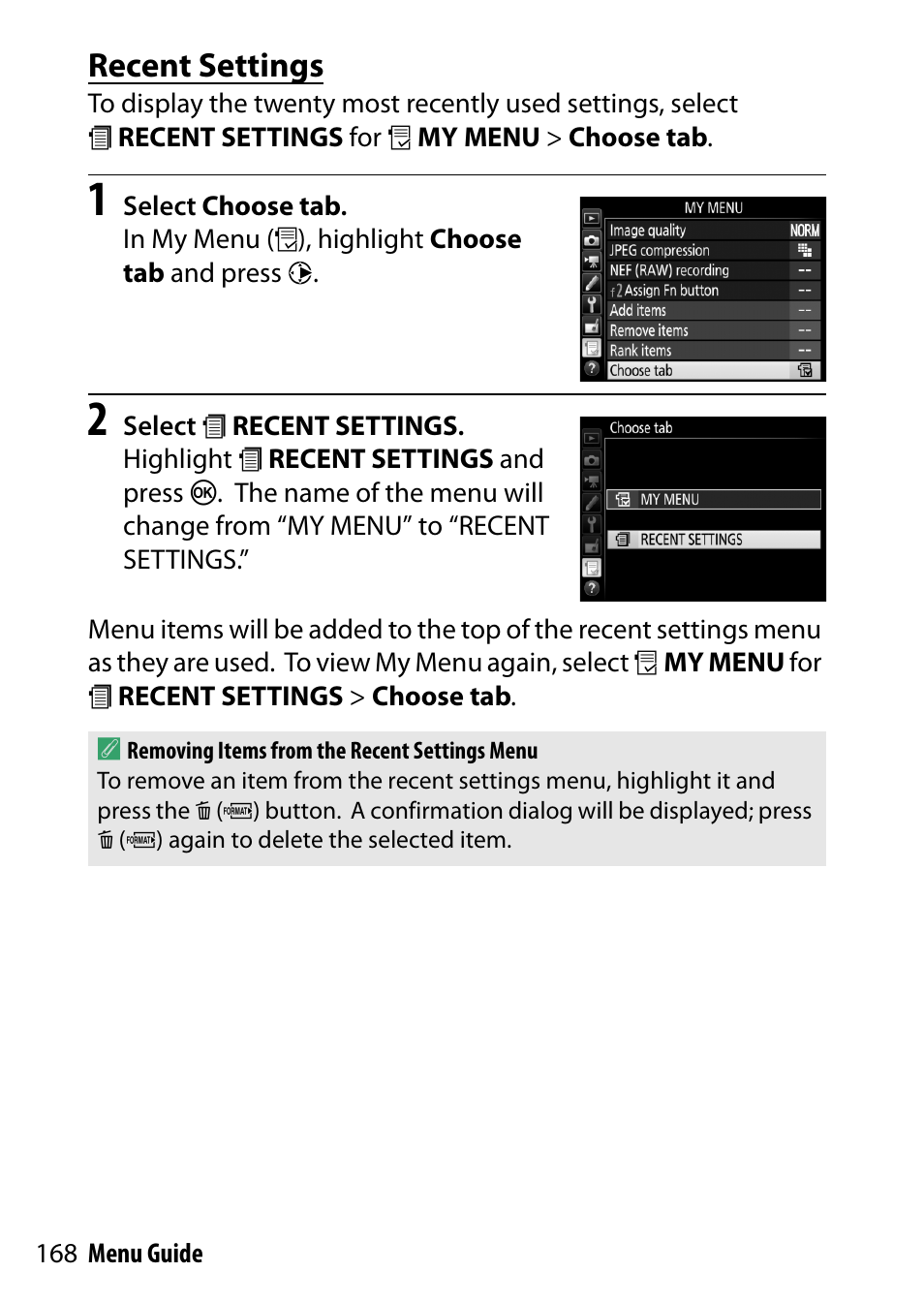 Recent settings | Nikon D7200 body User Manual | Page 168 / 202