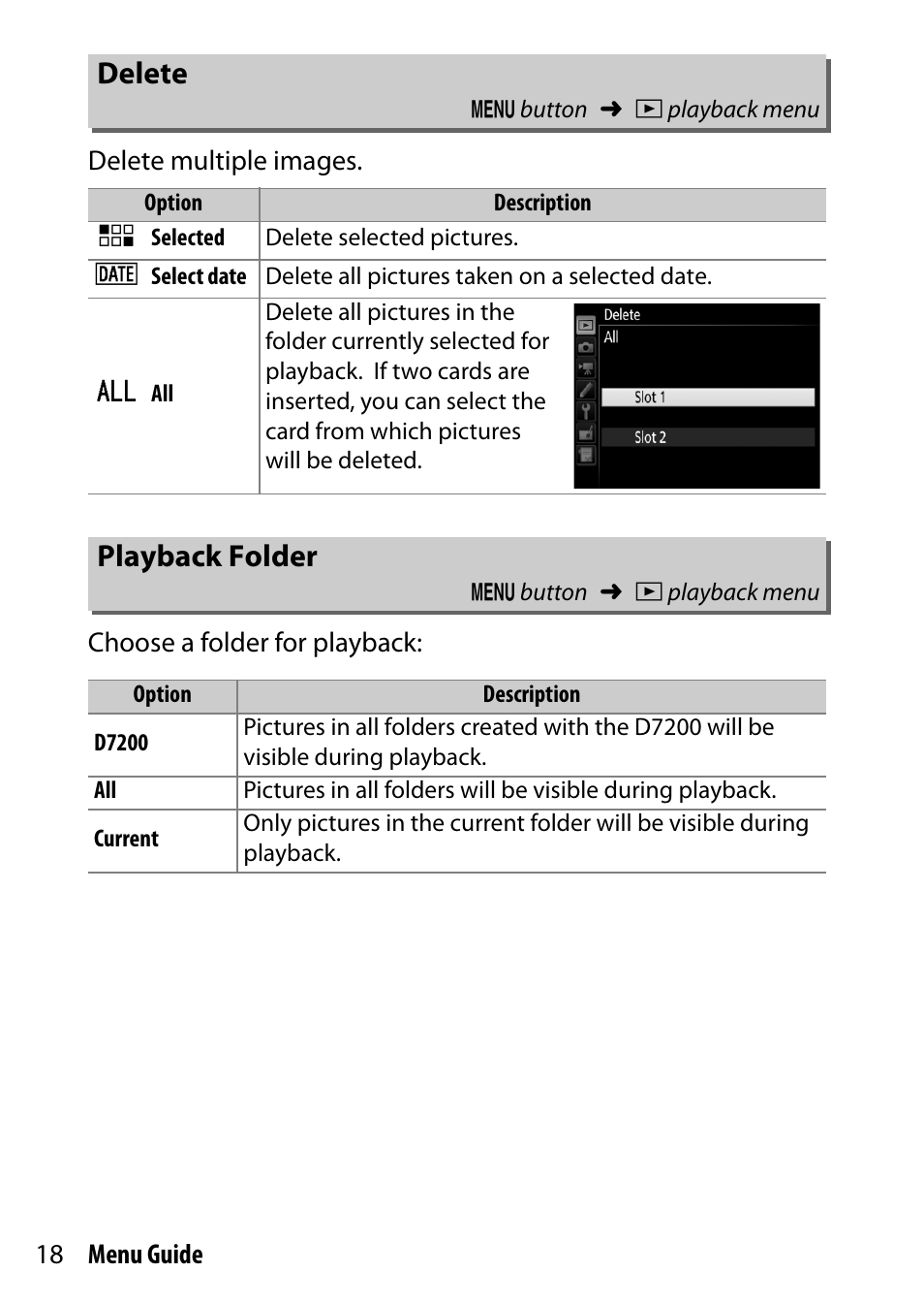 Delete, Playback folder | Nikon D7200 body User Manual | Page 18 / 202